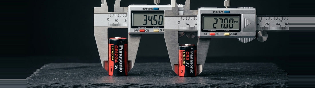 CR2 vs CR123A 3V Lithium Battery Comparison - 34.5mm vs 27.0mm Height and Caliper Measurement