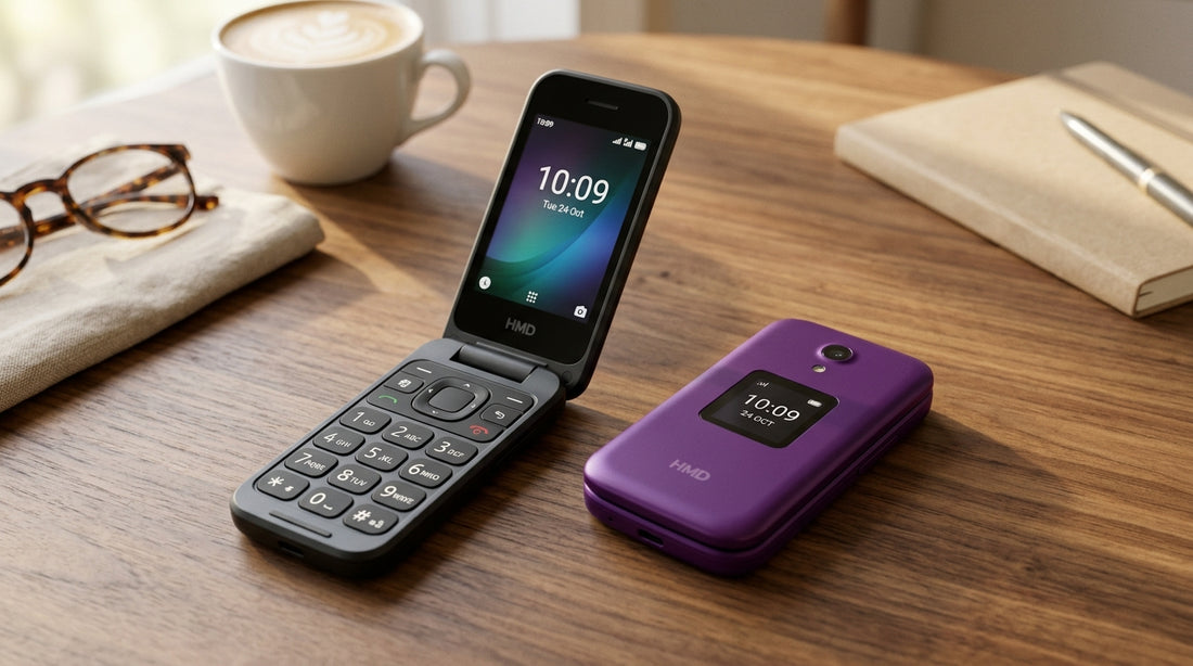 HMD 2660 Flip 4G VoLTE senior phones in Black and Purple, one opened and one closed in lifestyle setting