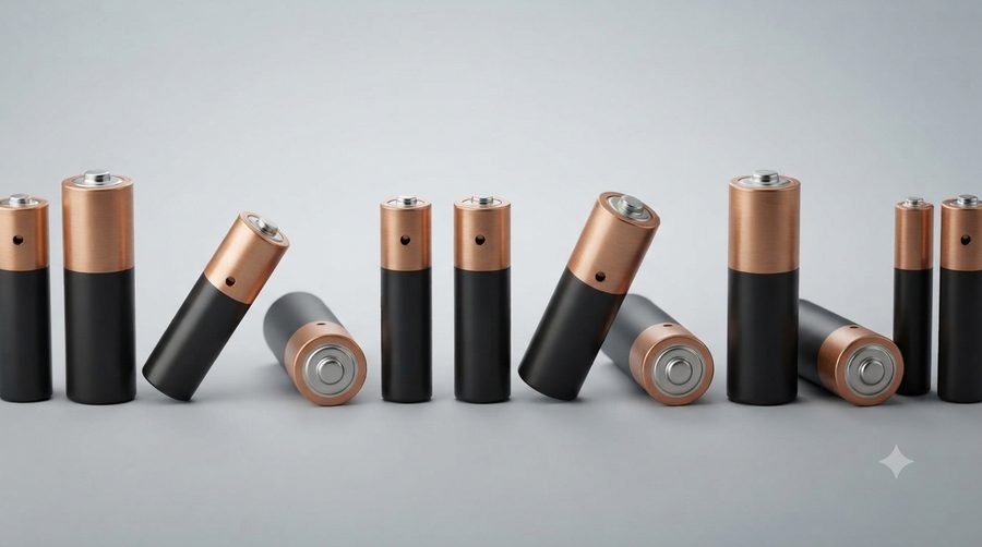 Row of AA and AAA alkaline batteries standing and at angles