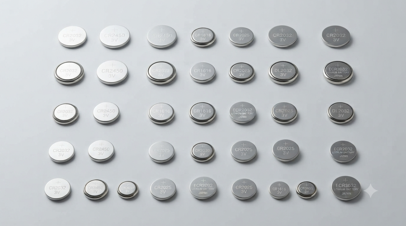 Assortment of coin cell batteries including CR2032, CR2450, CR1616 and CR2025