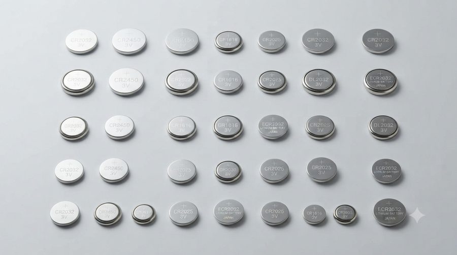 Assortment of coin cell batteries including CR2032, CR2450, CR1616 and CR2025
