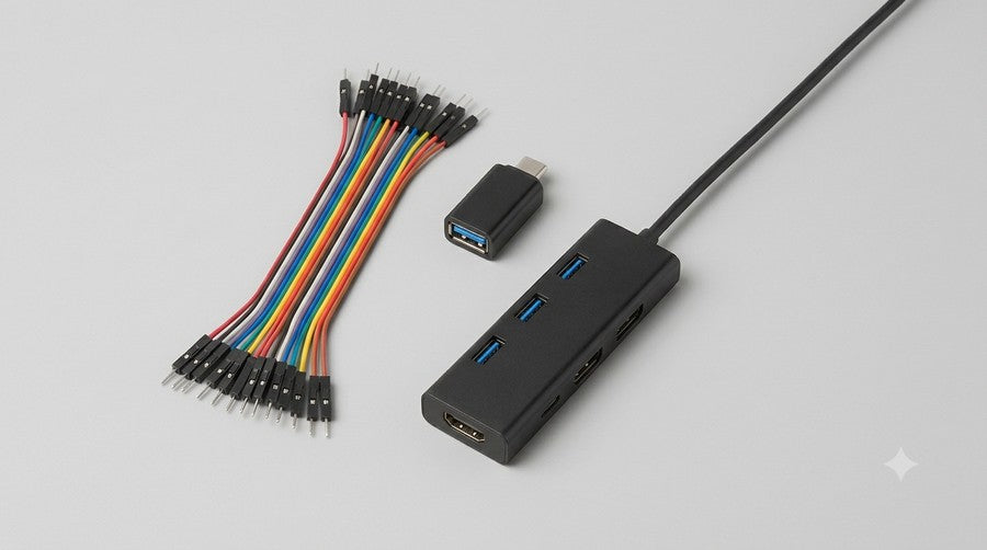 Electronics accessories: Dupont cables, USB-C OTG adapter, and USB hub