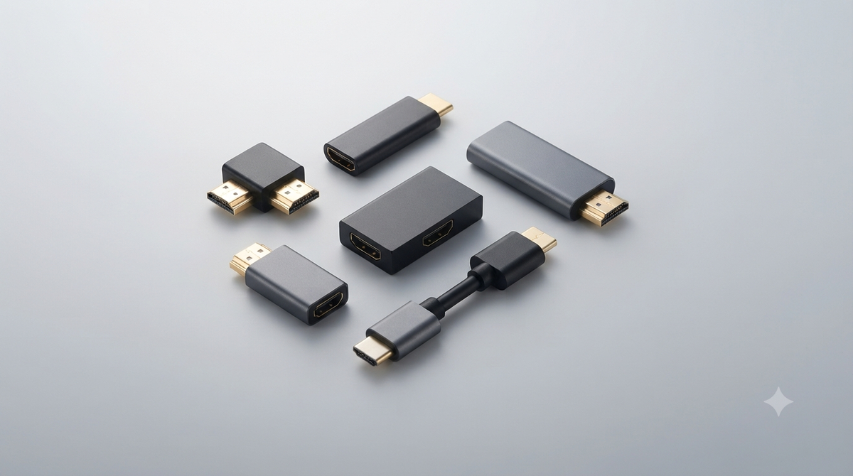 Assortment of HDMI adapters and connectors with gold-plated pins
