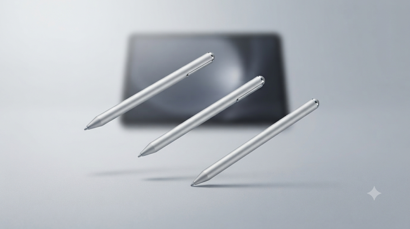 Three stylus pens with a tablet in the background