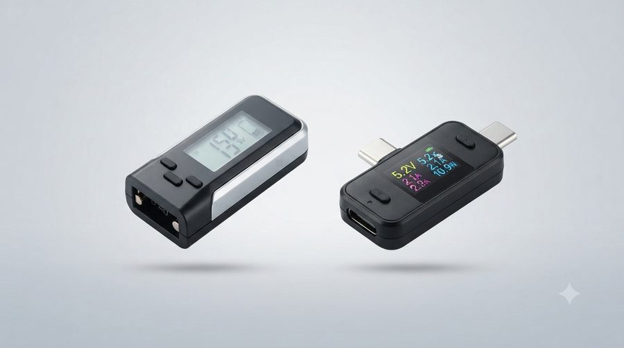 Digital battery tester and USB-C power meter with display screens