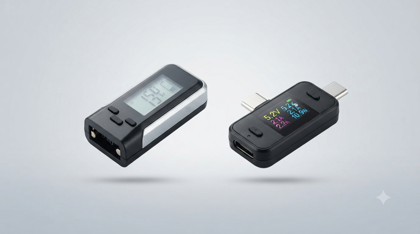 Digital battery tester and USB-C power meter with display screens