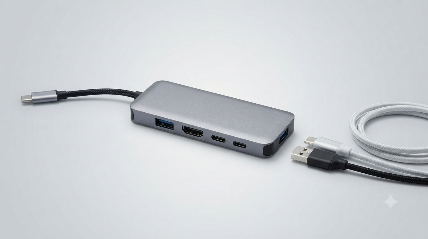 USB-C multiport hub with HDMI and USB ports, with cables