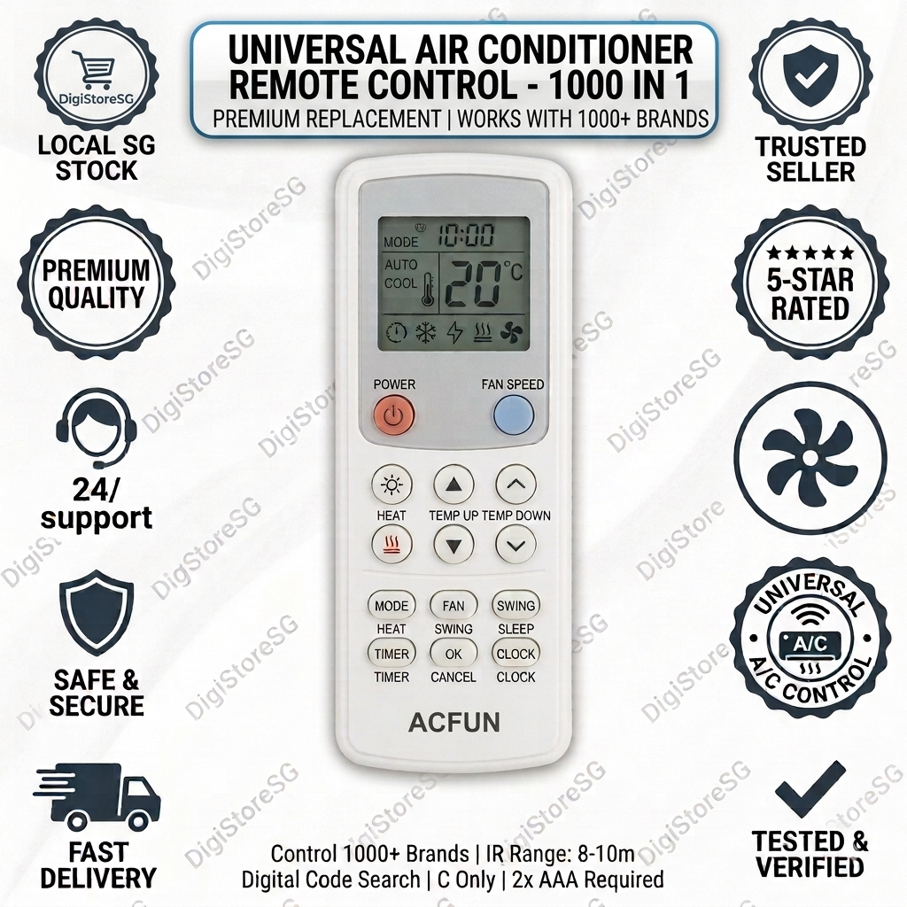 Universal Air Conditioner Remote Control 1000-in-1, ACFUN, front view with badges