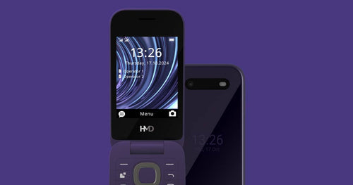 HMD 2660 Flip 4G phone in black, violet and red