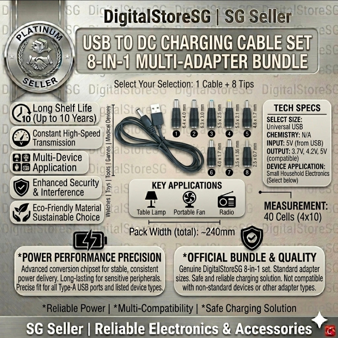 USB to DC Charging Cable Set | 8-in-1 Multi-Adapter Power Supply Bundle