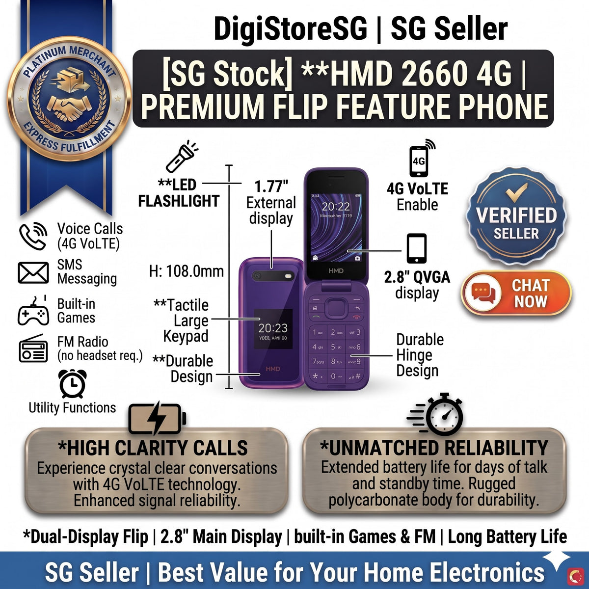 HMD 2660 Flip 4G VoLTE senior flip phone (successor to Nokia 2660) in Black and Purple, Singapore stock