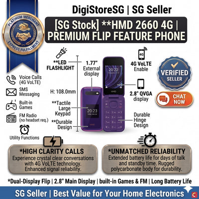 HMD 2660 Flip 4G VoLTE senior flip phone (successor to Nokia 2660) in Black and Purple, Singapore stock