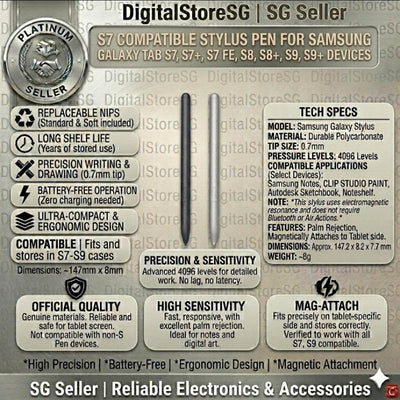 Samsung Galaxy Tab S7/S8/S9 Replacement Stylus Pen, 4096 Pressure (Bluetooth or Non-Bluetooth)