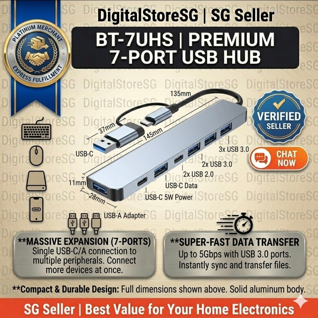 Premium 7-Port USB Hub | USB-C Type-A Dual Connector Multiport Adapter