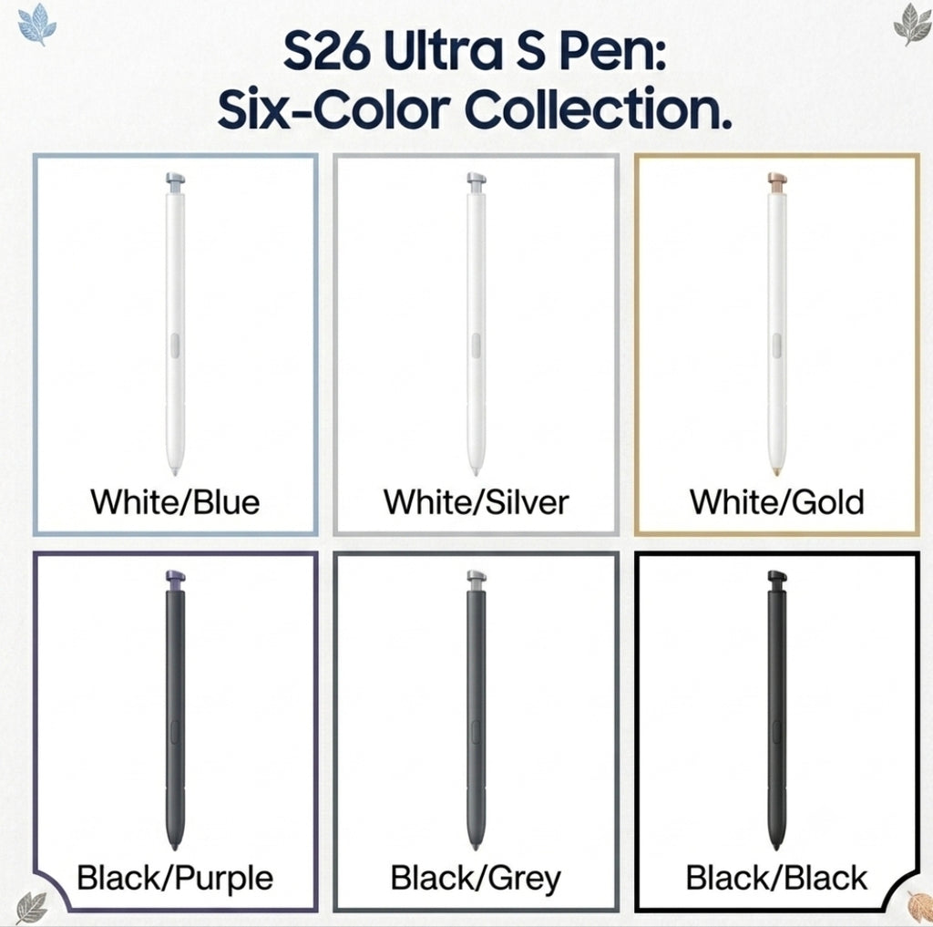 Samsung Galaxy S26 Ultra replacement S-Pen stylus six-color collection chart with White, Silver, Gold, Purple, Grey, and Black - DigiStoreSG