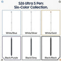 Samsung Galaxy S26 Ultra replacement S-Pen stylus six-color collection chart with White, Silver, Gold, Purple, Grey, and Black - DigiStoreSG