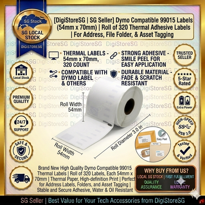 [SG Seller] Dymo 99015 Compatible Thermal Labels, 54mm x 70mm, 320 Count