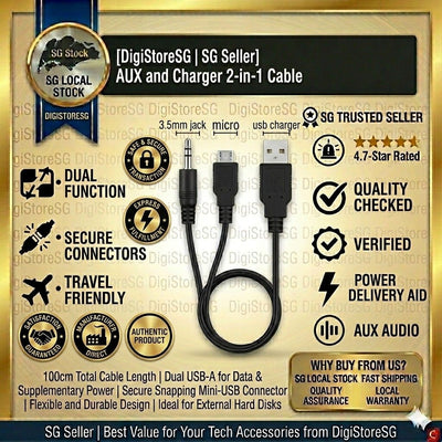 2-in-1 Micro-USB Charging and 3.5mm AUX Audio Adapter Cable