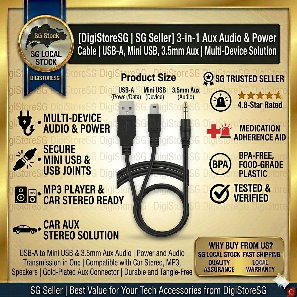 3-in-1 AUX Audio and Power Cable, USB-A to Mini-USB and 3.5mm Jack